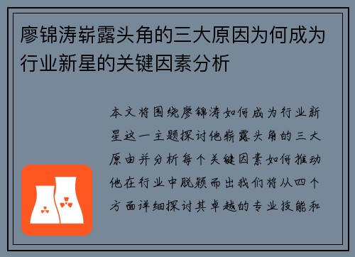 廖锦涛崭露头角的三大原因为何成为行业新星的关键因素分析