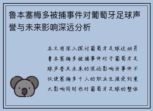鲁本塞梅多被捕事件对葡萄牙足球声誉与未来影响深远分析
