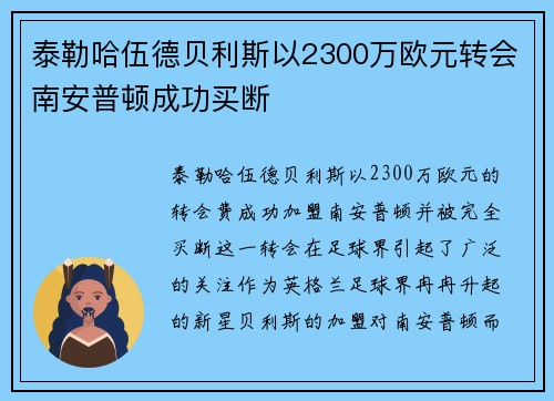 泰勒哈伍德贝利斯以2300万欧元转会南安普顿成功买断