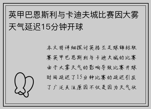 英甲巴恩斯利与卡迪夫城比赛因大雾天气延迟15分钟开球