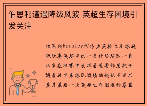 伯恩利遭遇降级风波 英超生存困境引发关注 伯恩利遭遇降级风波 英超生存困境引发关注